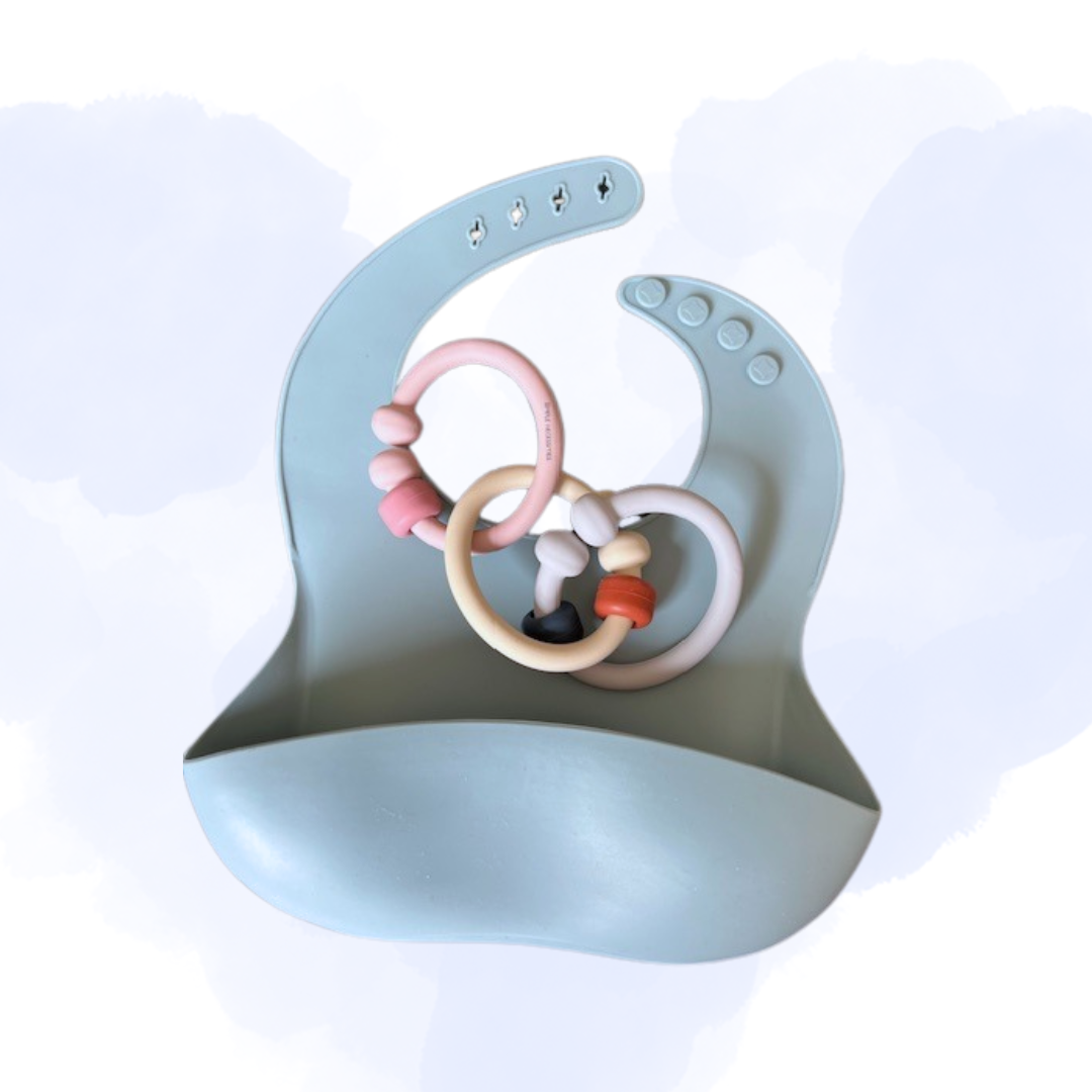 Dusty Blue silicone bib with food catcher and set of 3 teether rings. Limk or Unlink for stroller, pram or pay mobile