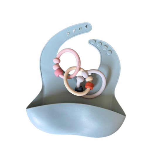 Dusty Blue silicone bib with food catcher and set of 3 teether rings. Limk or Unlink for stroller, pram or pay mobile