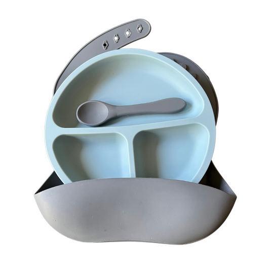 Baby Gift Bundle I Charcoal SIiicone Bib with Food Catcher, spoon & Dusty Blue Divided Suction Plate