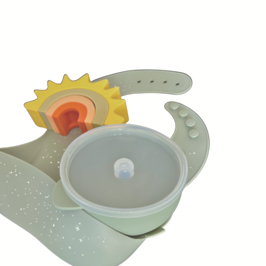 starry sage green bib, suction bowl & lid and sun rainbow stacker nester toy