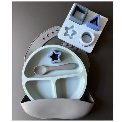 Baby Boy Shower Gift Set - Charcoal Bib, Spoon, Dusty Blue Divided Suction Plate & Educational Puzzle Shape Sorter Toy