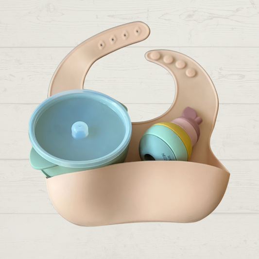 Nude Bib, Sage Bowl & Lid & Silicone Pear Stacker Toy