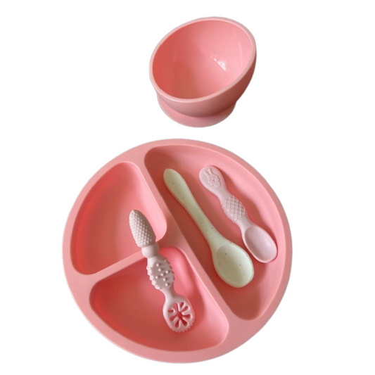 Baby Gift Set - Pink Mealtime Starter Bundle - Bowl, Plate and Set of 3 Spoons