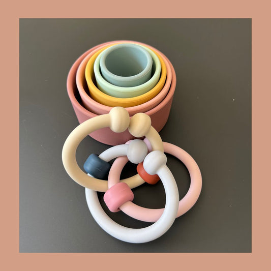 Gift Pack - 5 Cup Nester Stacker Toy for Infants with Set of 3 Rings. Link. Unlink or add to set