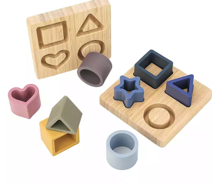 Silicone Shape Sorter with Bamboo Base - sand or ocean