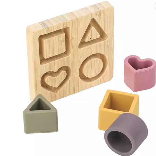 Silicone Shape Sorter Puzzle with Bamboo Base- sand