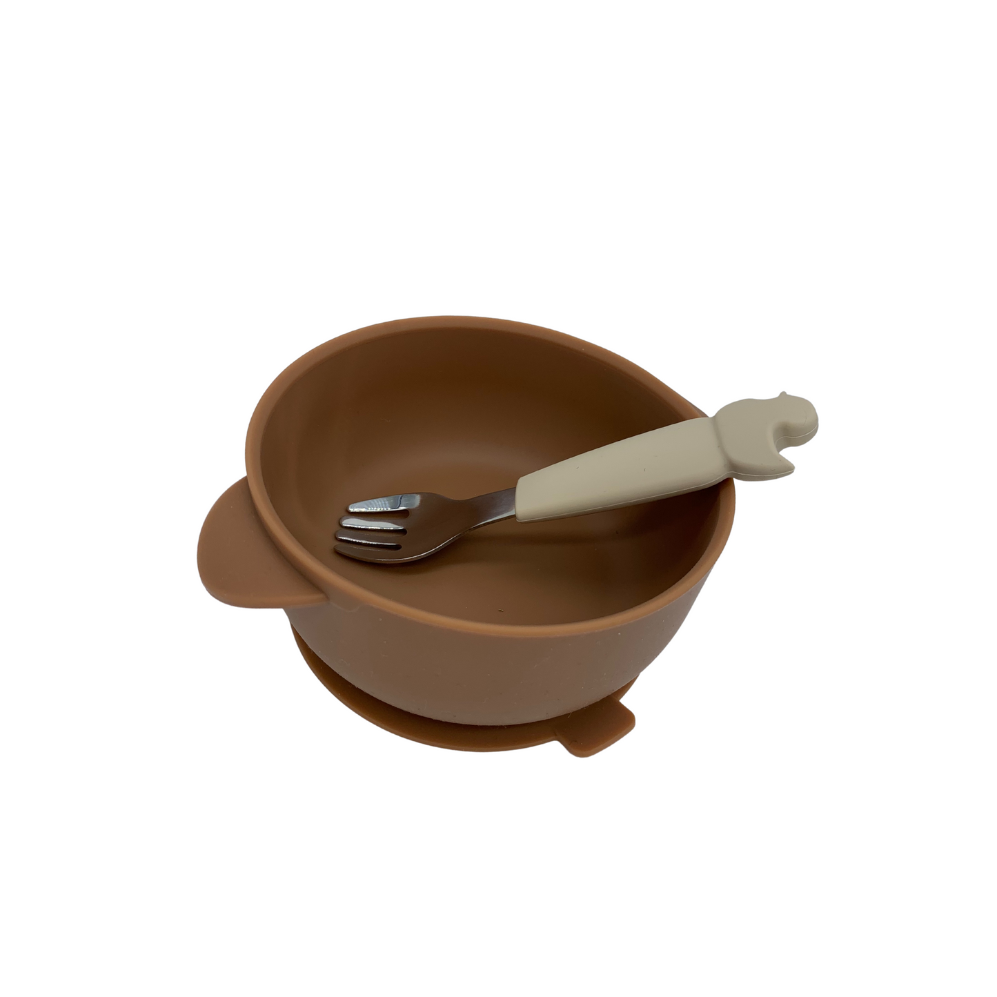 Clay bowl and stainless steel cutlery with silicone duck handle I easy to grip