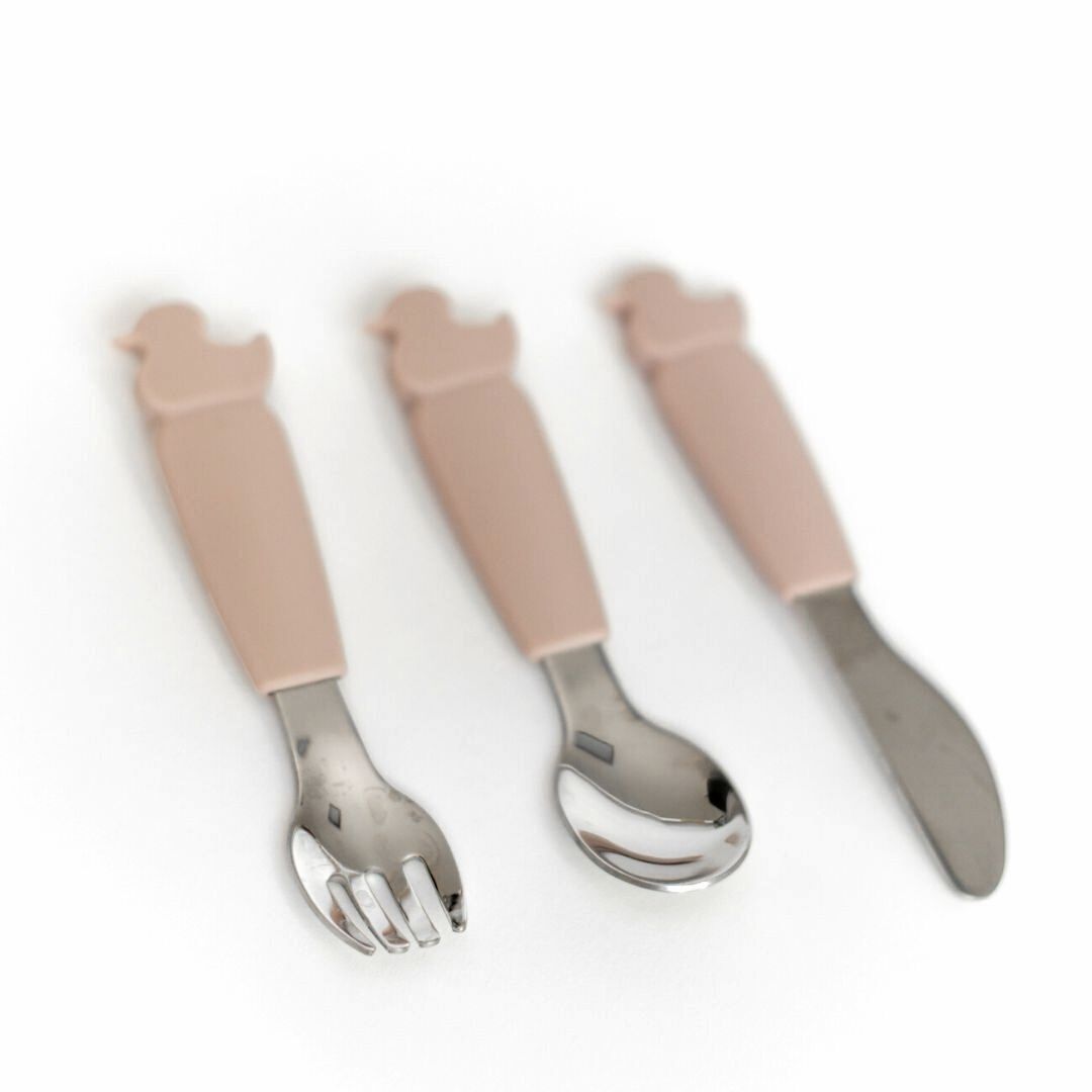 Dusty pink set of 3 stainless steel and silicone toddler cutlery set