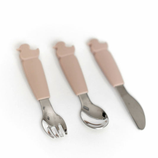 Dusty pink set of 3 stainless steel and silicone toddler cutlery set