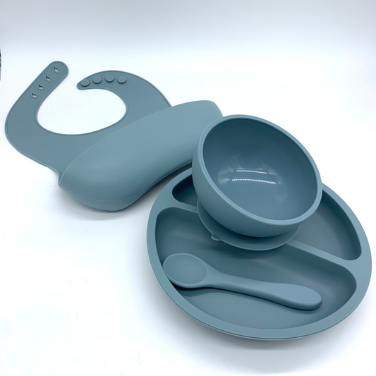 Silicone Bib, Suction Bowl and Divided Plate and Spoon Mealtime Set