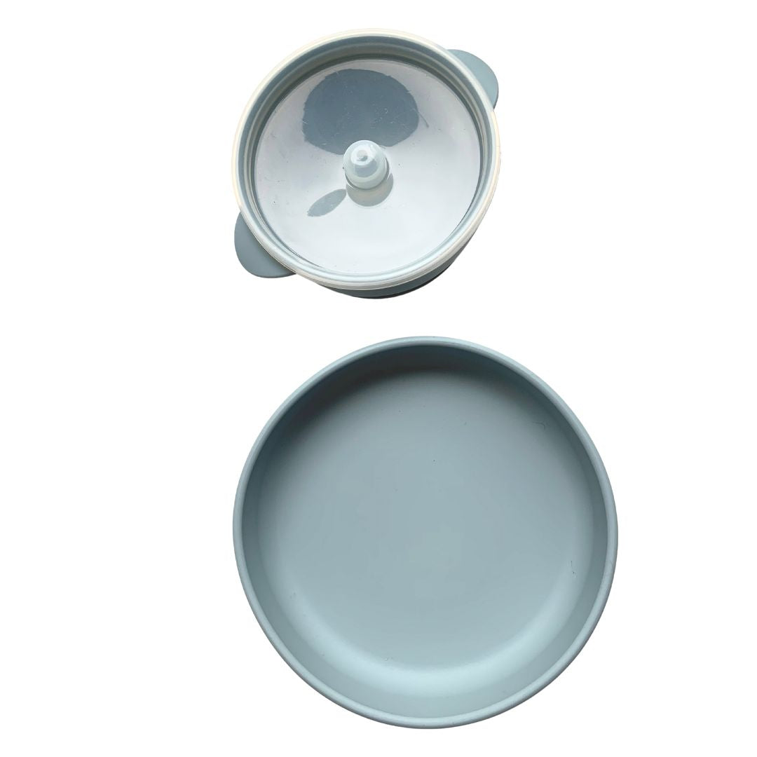 small suction dusty blue plate and bowl and lid