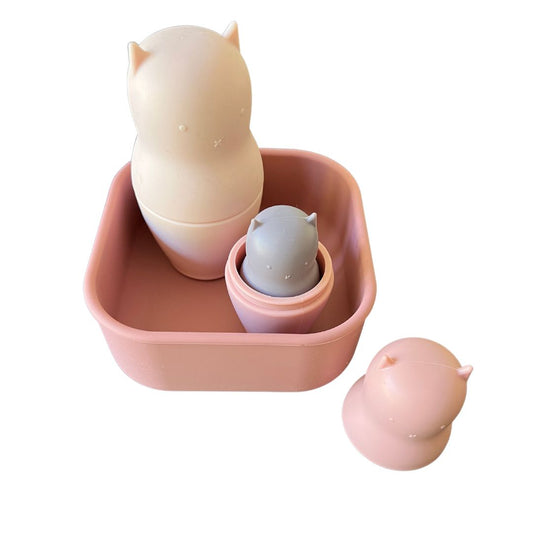 Dusty Blue container & Lid with 6 piece cat shaped babushka doll Gift Set