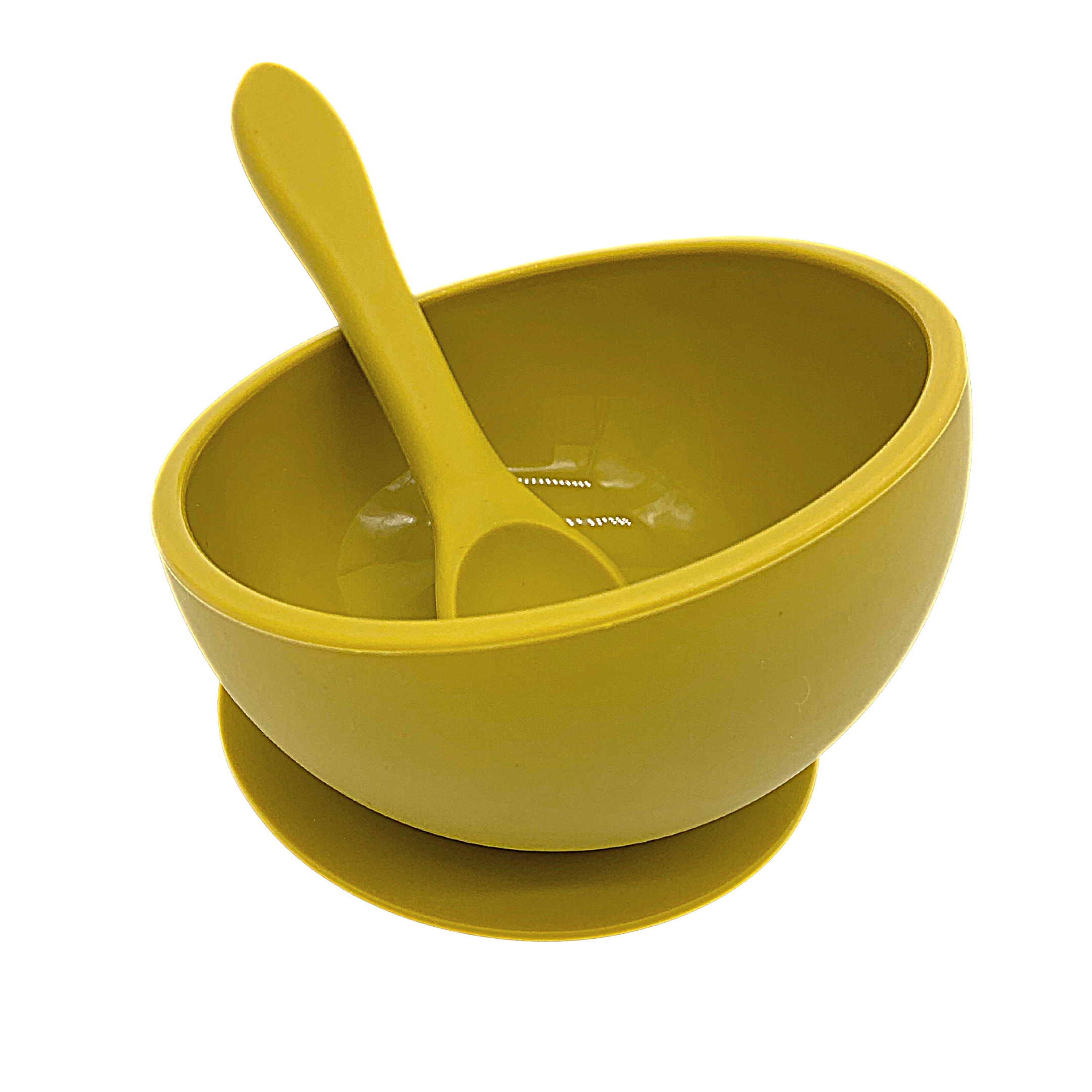 mustard yellow suction bowl and spoon