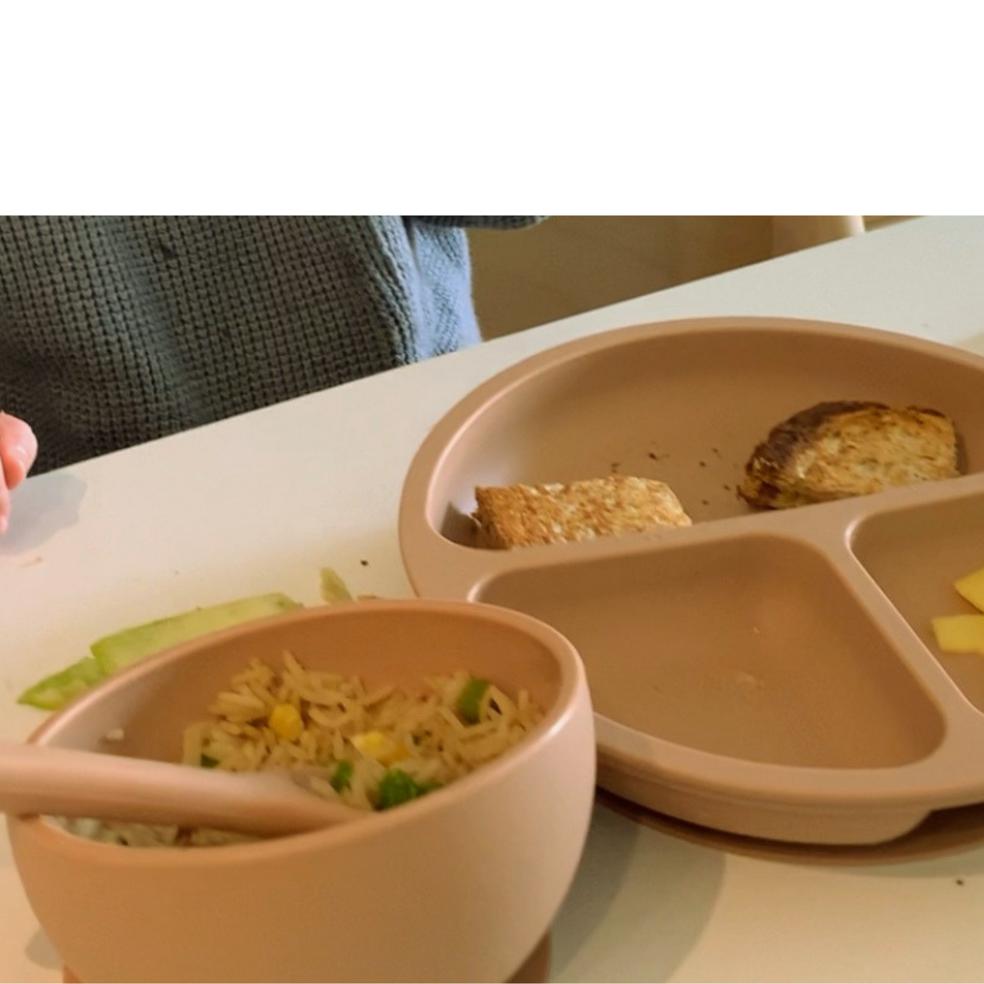 nude mealtime set . Silicone bowl, spoon and divided plate