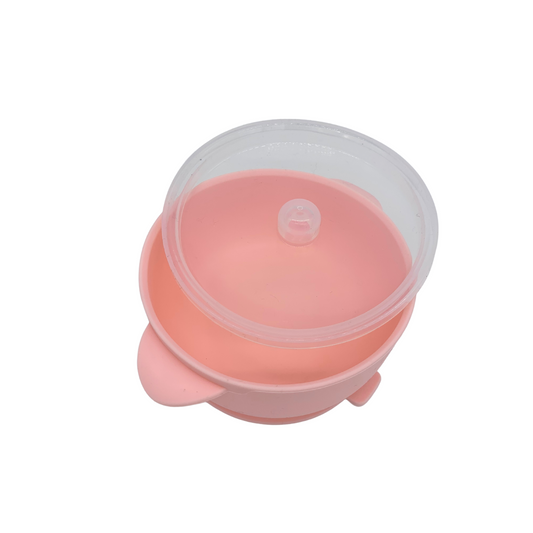 Pink Suction Bowl and Lid. Great for taking on outings and for leftovers. Lid fits snugly onto bowl.