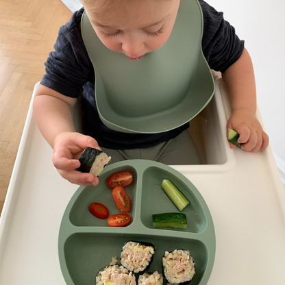 Sage Mealtime Set for Toddler. Silicone Bib with Food Catcher and Divided Suction Plate