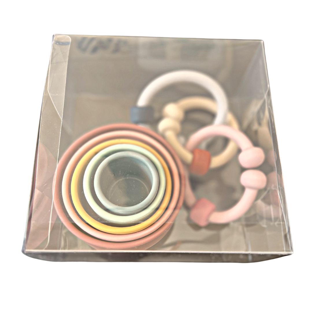 Set of 3 Teether Rings and 5 Cup tower stacker nester Gift pack.